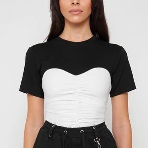 RUCHED BANDEAU T SHIRT - WHITE/BLACK